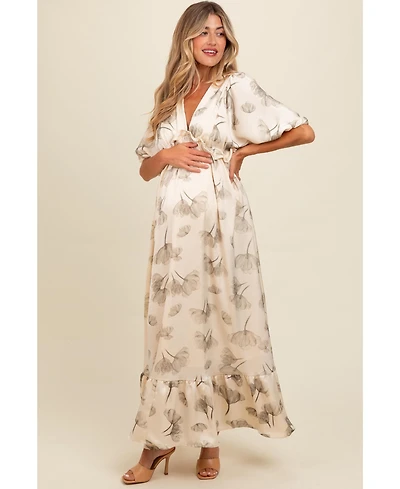 Pinkblush Maternity Cream Floral Chiffon Ruffle Accent Maxi Dress