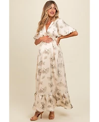 Pinkblush Maternity Cream Floral Chiffon Ruffle Accent Maxi Dress