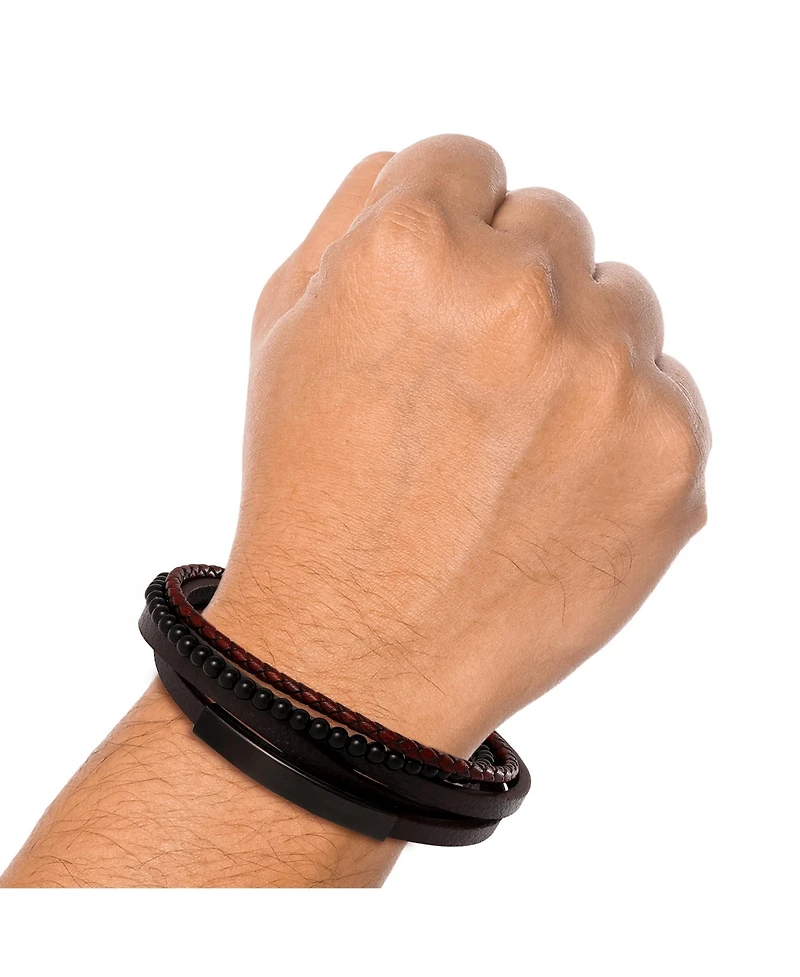 Lucky Brand Mens Multilayer Braided Leather and Bead Bracelet in Brown & Black