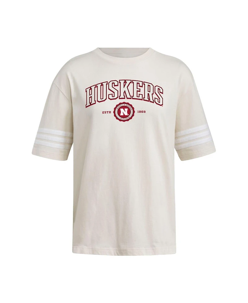 Adidas Women's Cream Nebraska Huskers Fashion Three-Stripes Oversized T-Shirt