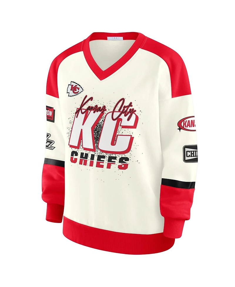 Wear by Erin Andrews Women's Cream Kansas City Chiefs Racing Crew V-Neck Sweatshirt