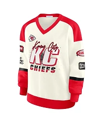 Wear by Erin Andrews Women's Cream Kansas City Chiefs Racing Crew V-Neck Sweatshirt