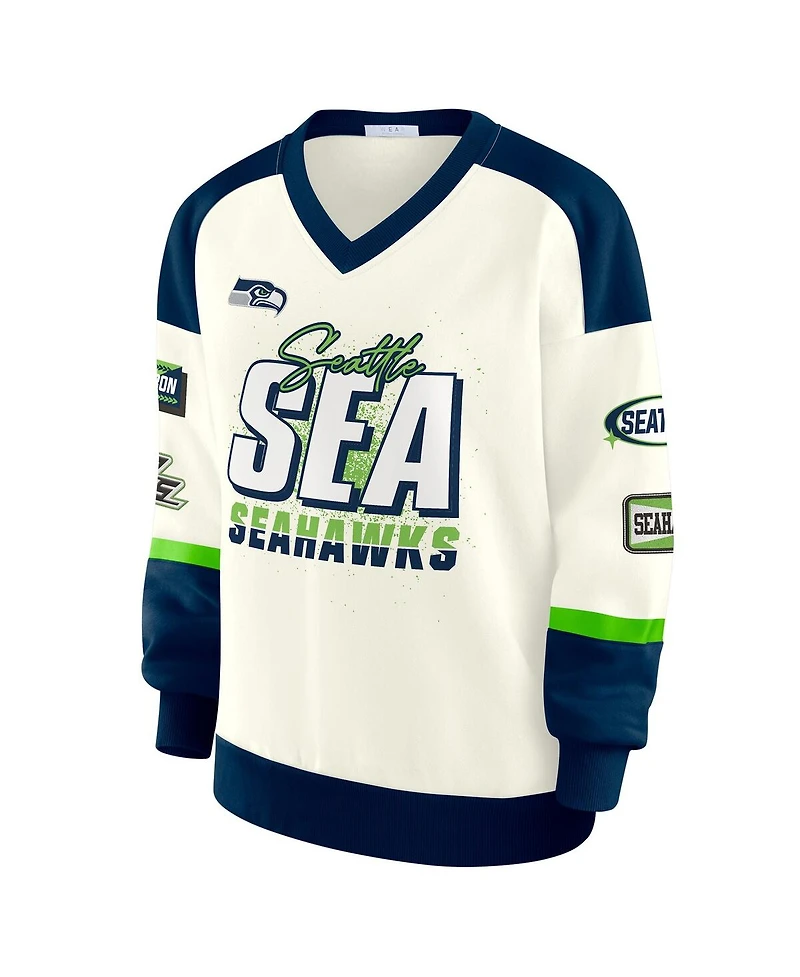 Wear by Erin Andrews Women's Cream Seattle Seahawks Racing Crew V-Neck Sweatshirt