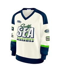 Wear by Erin Andrews Women's Cream Seattle Seahawks Racing Crew V-Neck Sweatshirt