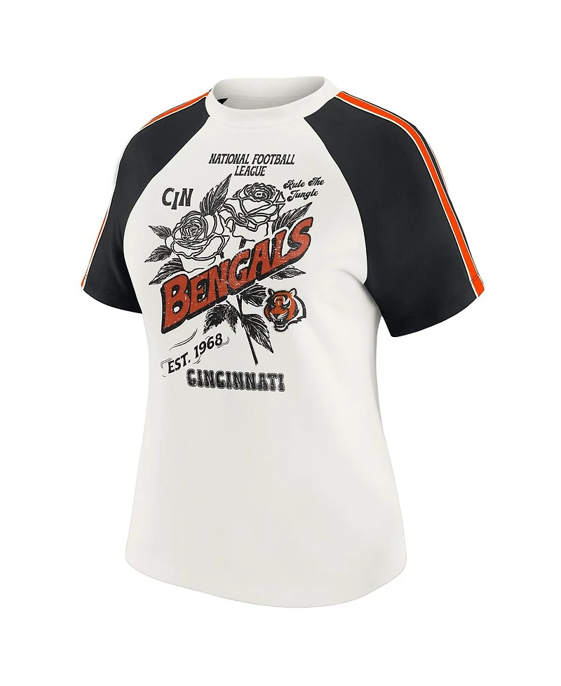 Wear by Erin Andrews Women's White Cincinnati Bengals Sleeve Stripe Distressed Raglan T-Shirt