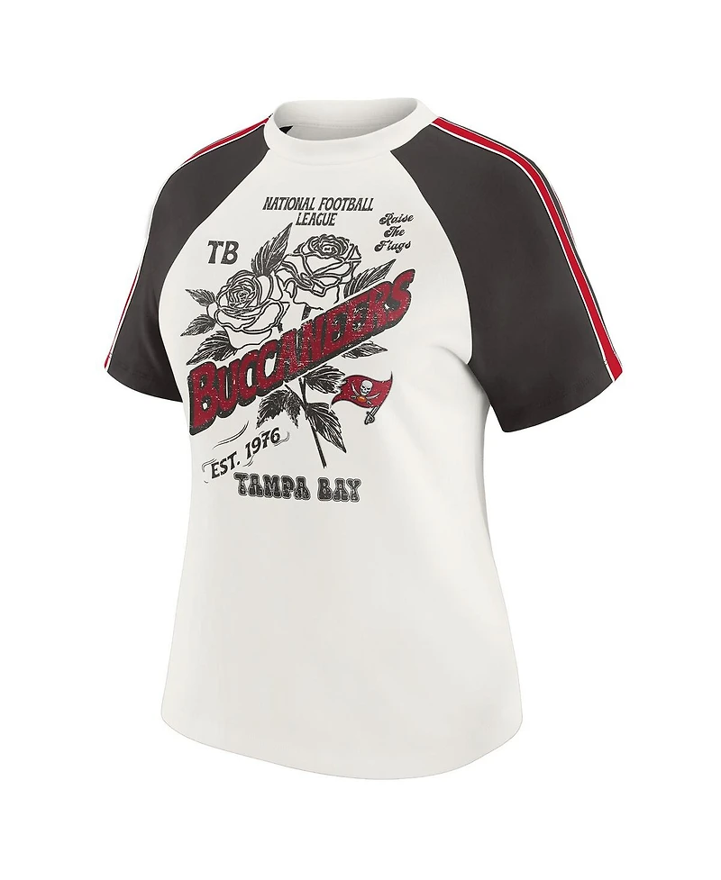 Wear by Erin Andrews Women's White Tampa Bay Buccaneers Sleeve Stripe Distressed Raglan T-Shirt