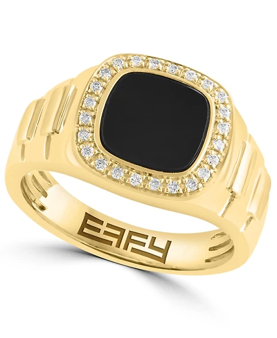 Effy Collection Men's Diamond (1/6 ct. t.w.) and Onyx (1-3/8 ct. t.w.) Ring in 14K Yellow Gold