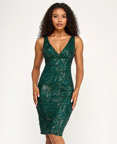 Seni & Cade Juniors' Sequin Plunge Neck Midi Low-Back Dress