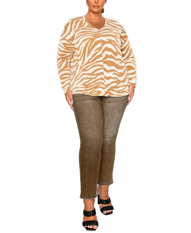Coin 1804 Plus Textured Zebra V Neck Dolman Top