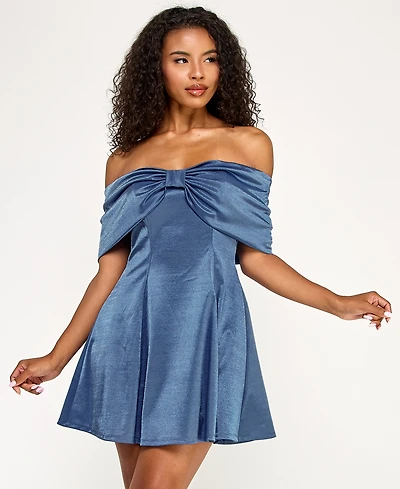 Seni & Cade Juniors' Shimmer Off-The-Shoulder Bow Front Dress