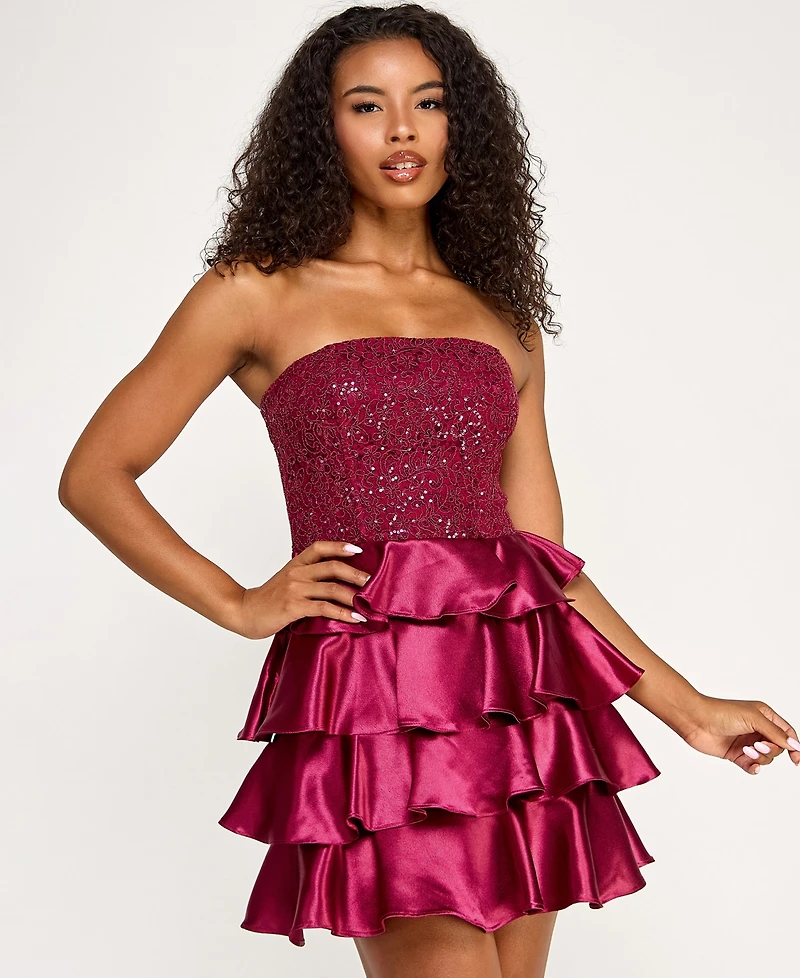 Seni & Cade Juniors' Strapless Satin Tiered Skirt Dress