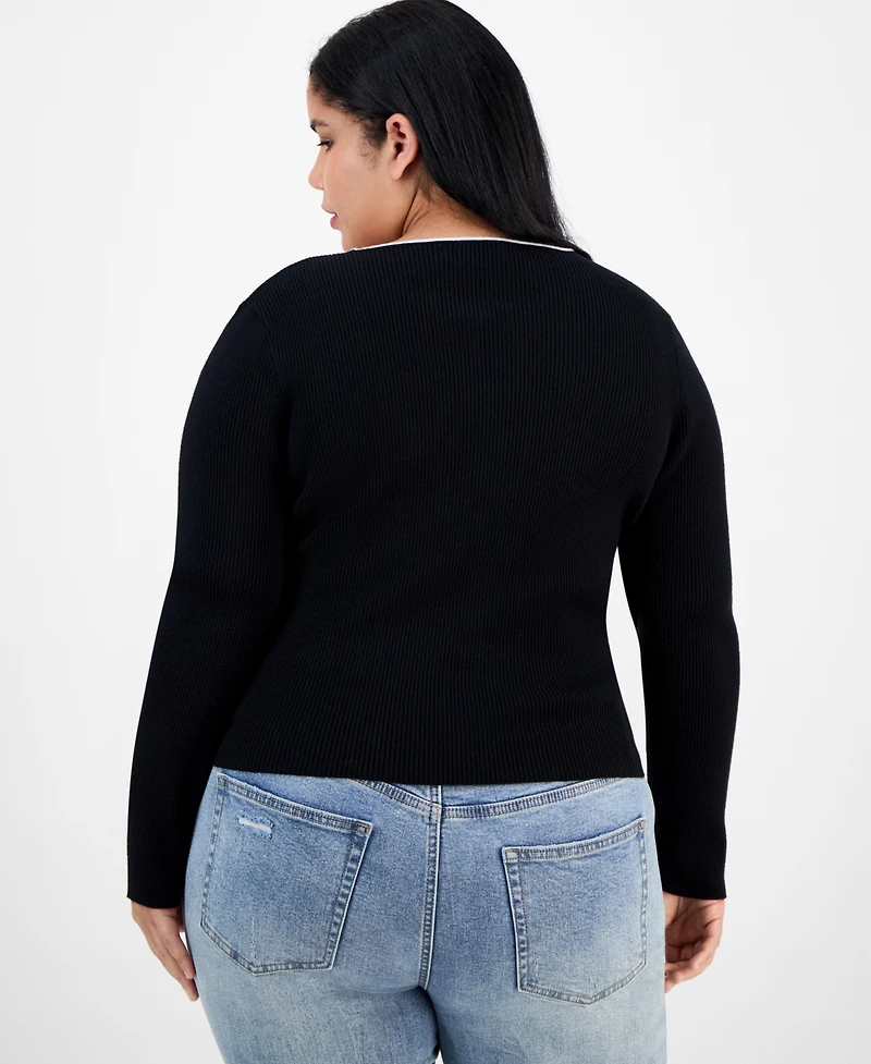 Madden Girl Trendy Plus Bow-Front Ribbed Crewneck Sweater