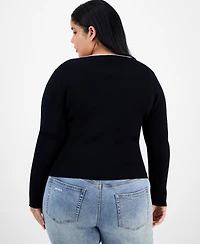 Madden Girl Trendy Plus Bow-Front Ribbed Crewneck Sweater