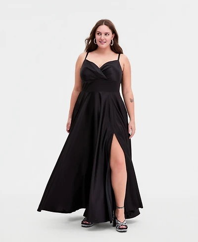 B Darlin Trendy Plus Size Spaghetti Strap V-Neck Pleated Gown