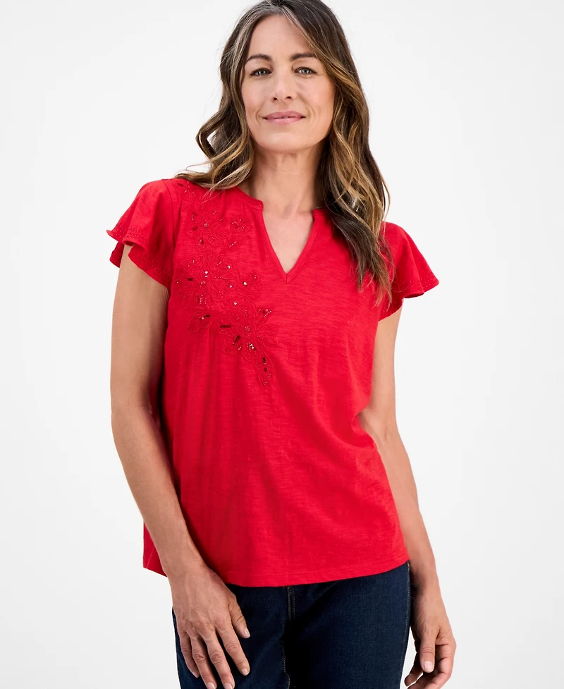 Style & Co Petite Cotton Embroidered Flutter-Sleeve Knit Top, Macy's Exclusive