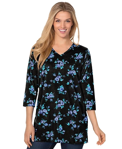 Woman Within Women's Perfect Printed Three-Quarter-Sleeve V-Neck Tunic