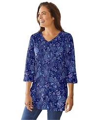 Woman Within Women's Perfect Printed Three-Quarter-Sleeve V-Neck Tunic