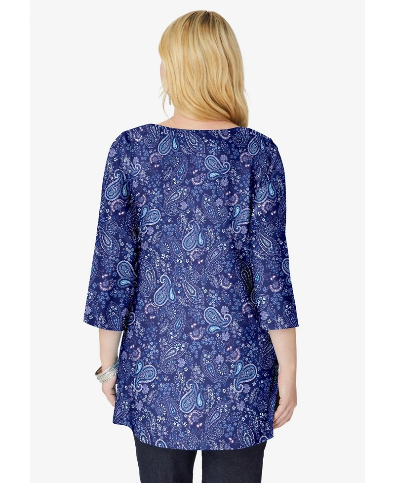 Woman Within Women's Perfect Printed Three-Quarter-Sleeve V-Neck Tunic