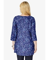 Woman Within Women's Perfect Printed Three-Quarter-Sleeve V-Neck Tunic