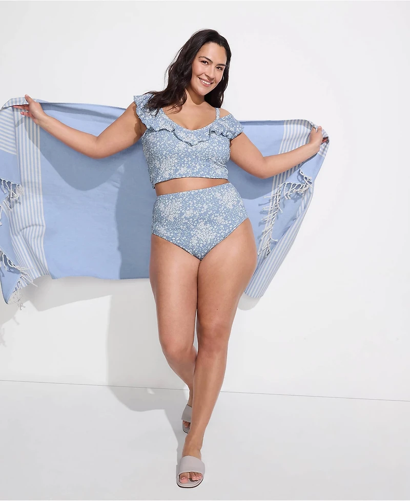 Lands' End Plus Pique Ruffle Midkini Top and High Waisted Bottom Swimsuit Set