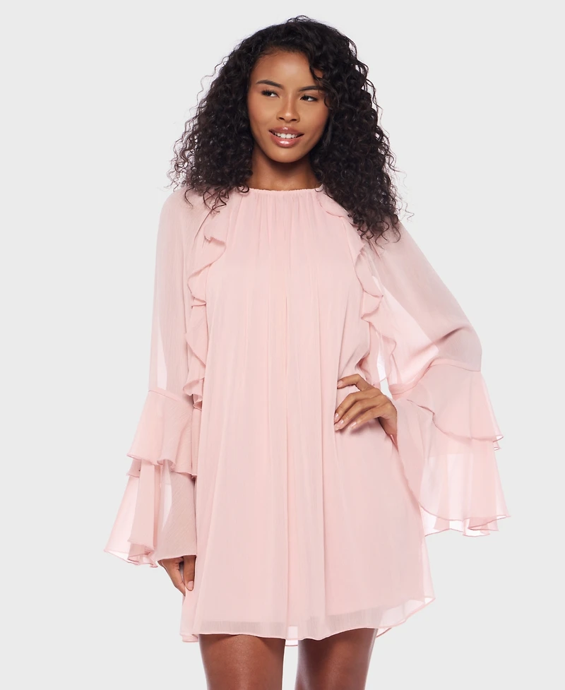 B Darlin Juniors' Ruffled Chiffon Long-Sleeve Dress