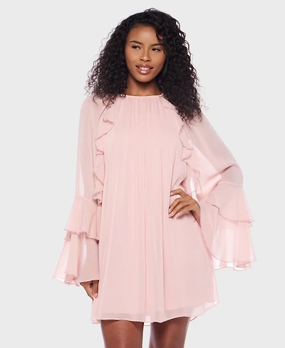 B Darlin Juniors' Ruffled Chiffon Long-Sleeve Dress