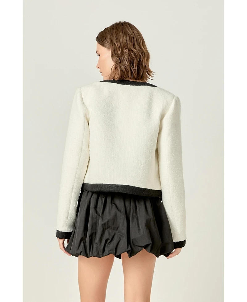 English Factory Women's White & Black Collarless Tweed Jacket