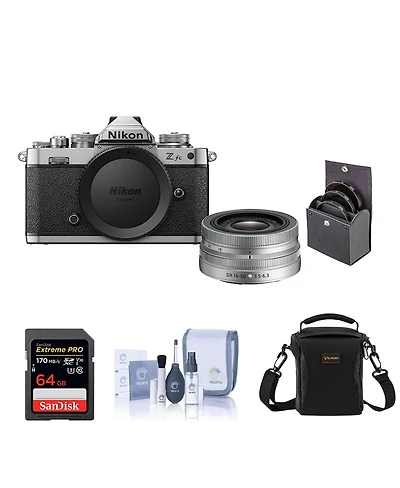 Nikon Z fc Dx-Format Mirrorless Camera with Nikkor Z Dx 16-50mm f/3.5-6.3 Vr Lens, Silver Bundle with 64GB Sd Card, Shoulder Bag, Filter Kit, Cleaning