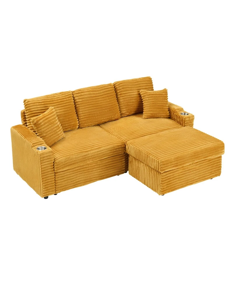 Streamdale 80" Foldable Corduroy Chaise Sofa with Storage, Cup Holders, Footrest