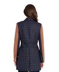 Tahari Asl Women's Mixed Media Plaid One-Button Jacket with Suede Sleeves