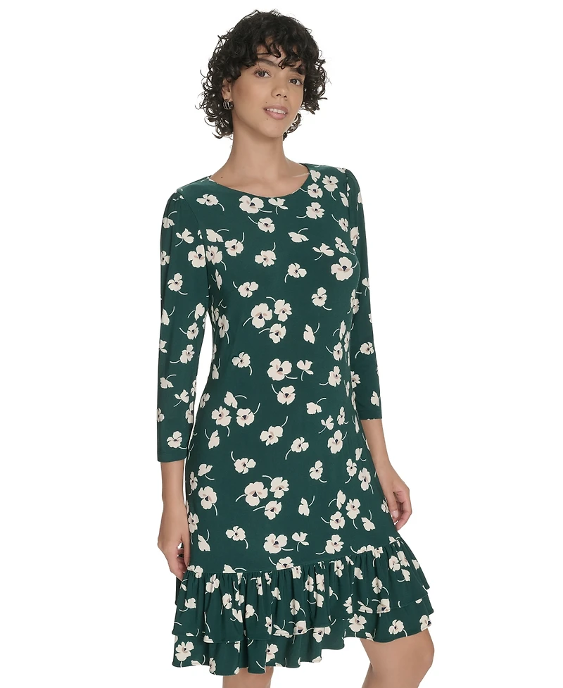 Tommy Hilfiger Women's Crewneck Printed Ruffled Hem Dress
