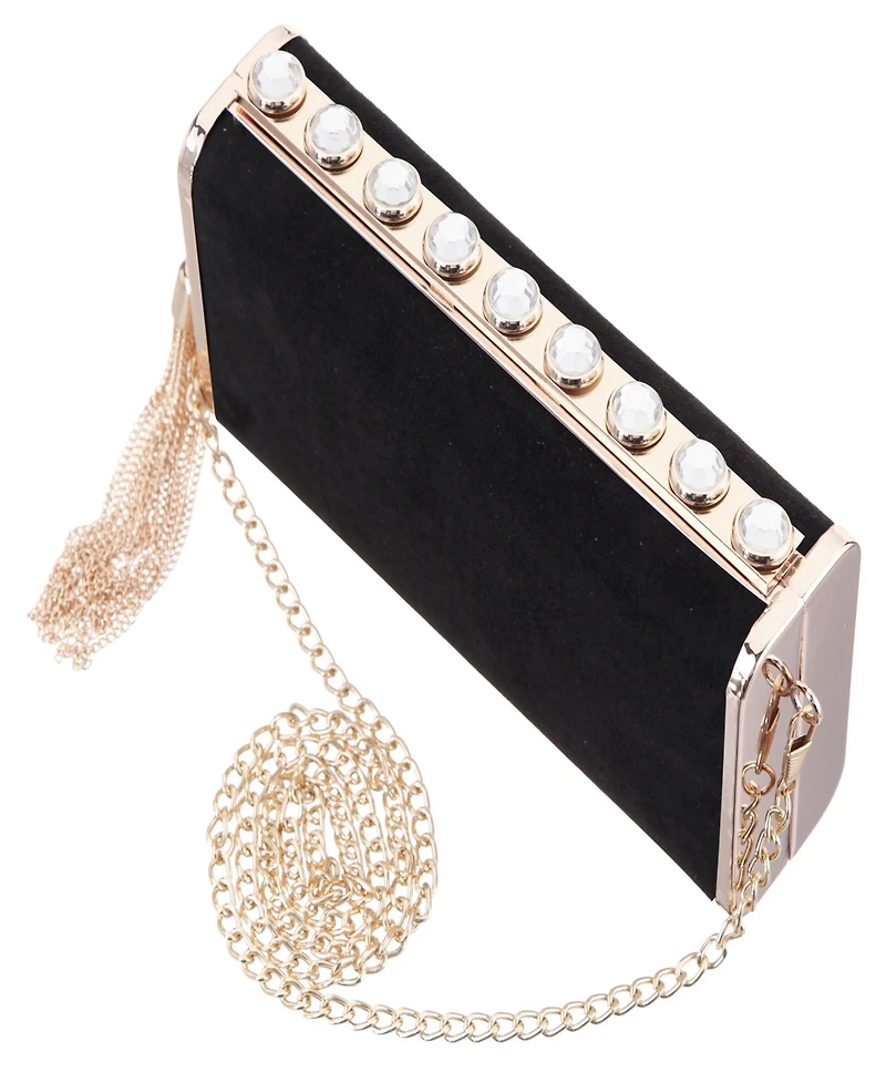 Nina Crystal Ornamented Minaudiere Tassel Lift Lock Clutch