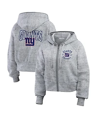 Wear by Erin Andrews Women's Heather Gray New York Giants Speckled Fleece Cropped Full-Zip Hoodie