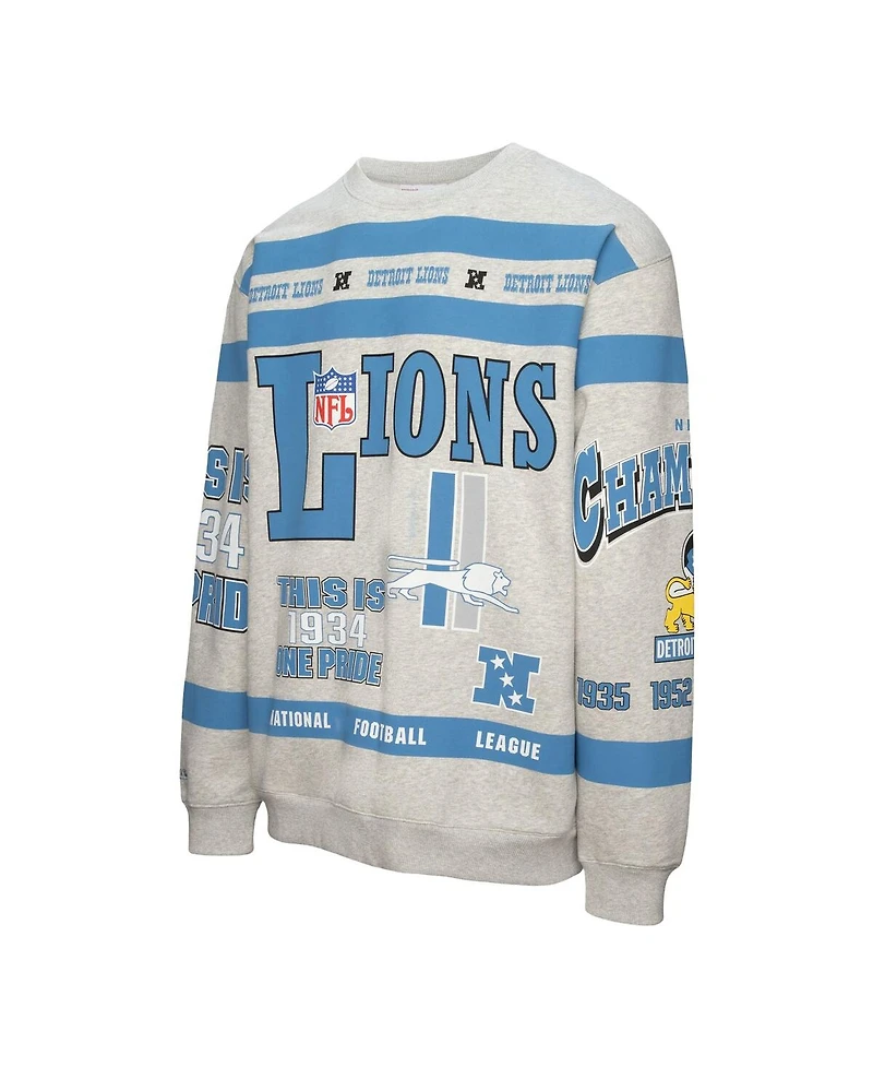 Mitchell & Ness Men's Heather Gray Detroit Lions All Over Print Fleece Crewneck Sweatshirt