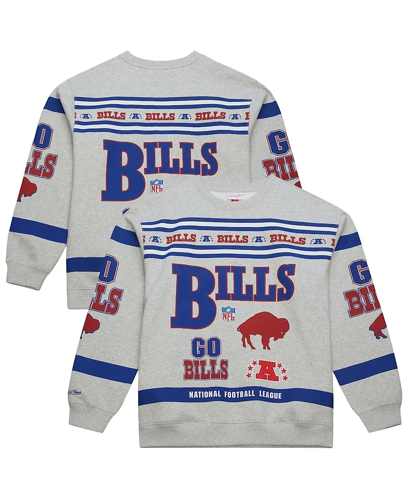 Mitchell & Ness Men's Heather Gray Buffalo Bills All Over Print Fleece Crewneck Sweatshirt