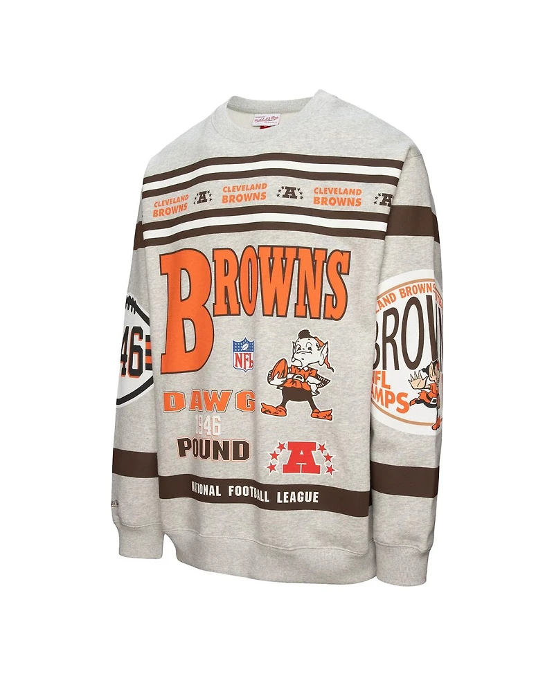 Mitchell & Ness Men's Heather Gray Cleveland Browns All Over Print Fleece Crewneck Sweatshirt