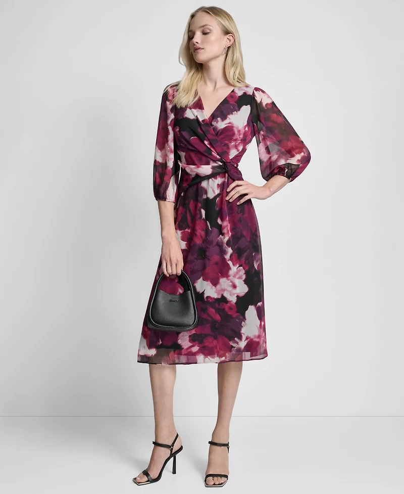 Dkny Women's 3/4 Sleeve V-Neck Fit & Flare Dress
