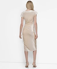 Dkny Women's Cap Sleeve Ruched Velvet Midi Dress