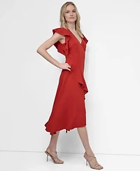 Dkny Women's Ruffle Sleeve V Neck Midi Dress