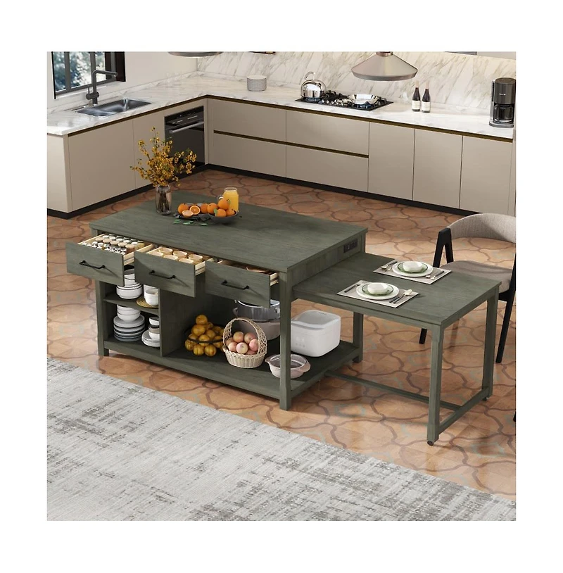 60" Extendable Kitchen Island with Power Outlets, Pull-Out Table & Drawers, Rolling Retro Cart Usb Ports-Maison Boucle