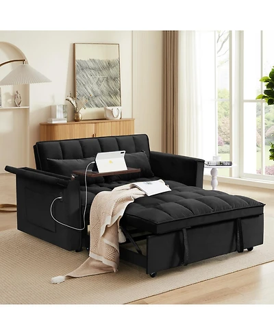 Streamdale Furniture Foldable Velvet Sofa Bed with Usb & Storage (Black