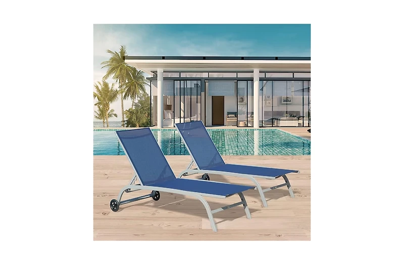 Clihome Chaise Lounge Outdoor Set of 2,Woven Stackable Gray Aluminum Frame Stationary Chair with Blue Woven Seat