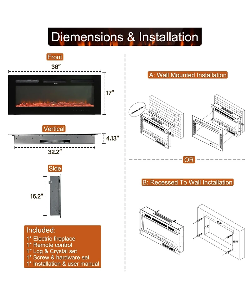 36''Classic Built-in or Wall-Mounted Direct Vent Electric Fireplace