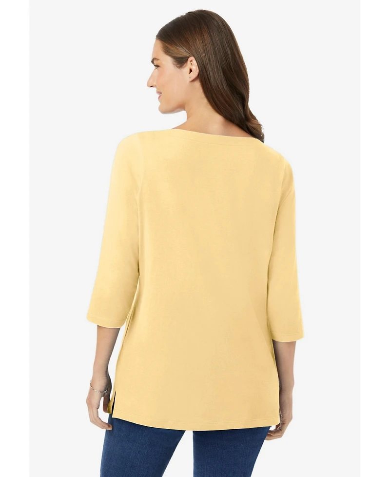 Woman Within Plus Perfect Three-Quarter Sleeve Boatneck Tee