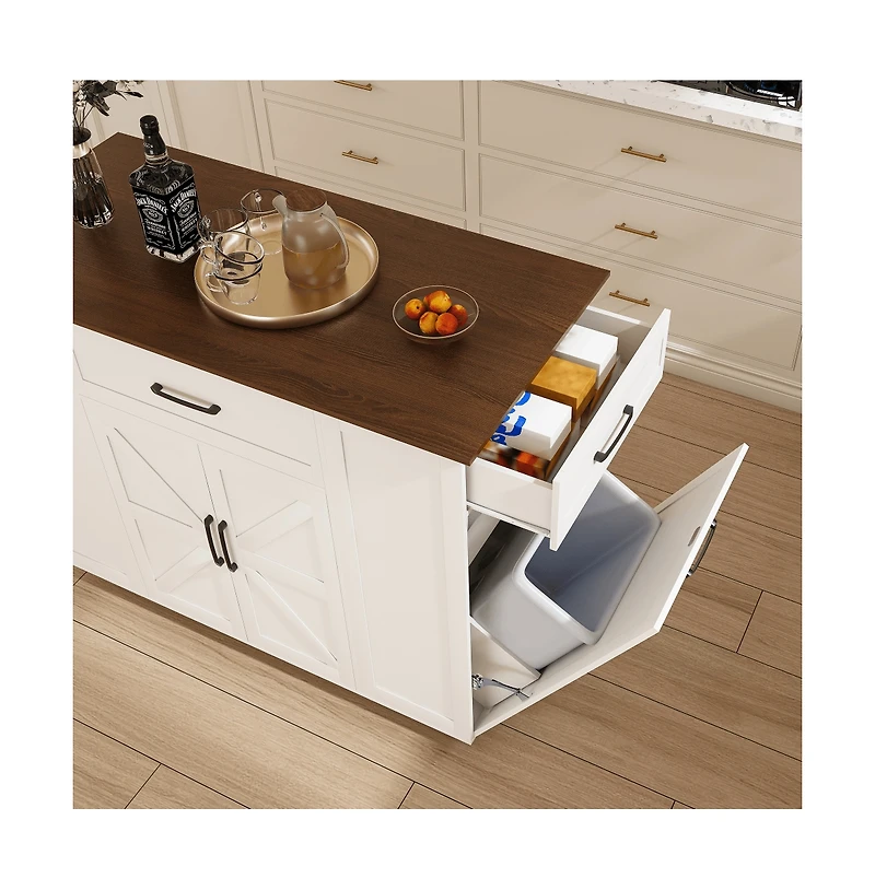Maison Boucle 46" Kitchen Island with Power Outlet, Drawers & Cabinet, Rolling Farmhouse Cart with Wood Top & Locking Wheels-Maison Boucle