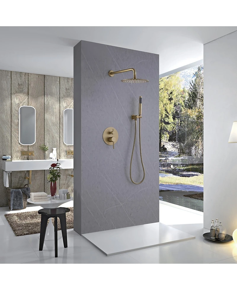 Greenspring 1-Handle 2-Spray Rain Shower Faucet and Hand Combo Kit Brushed Gold (Valve Included)