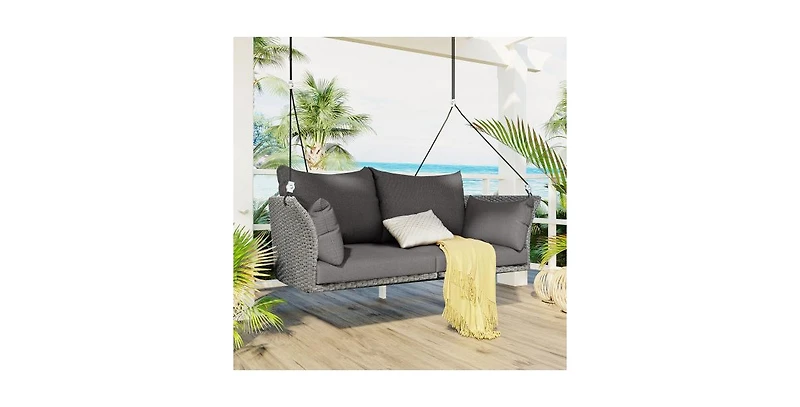 Flynama 51.9 Inch 2-Person Rattan Swing Chair with 500lb Capacity and Adjustable Ropes