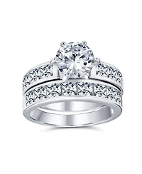 Bling Jewelry 3CT Classic Round Solitaire Cubic Zirconia With Cz Side Stone Princess Cut Band Promise Ring Set Sterling Silver