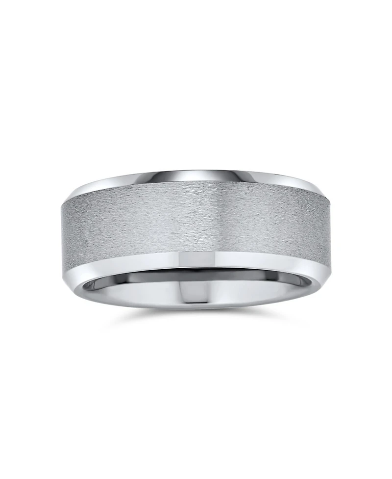Bling Jewelry 8MM Matte Brushed Titanium Band Ring – Beveled Polished Edge Silver Tone