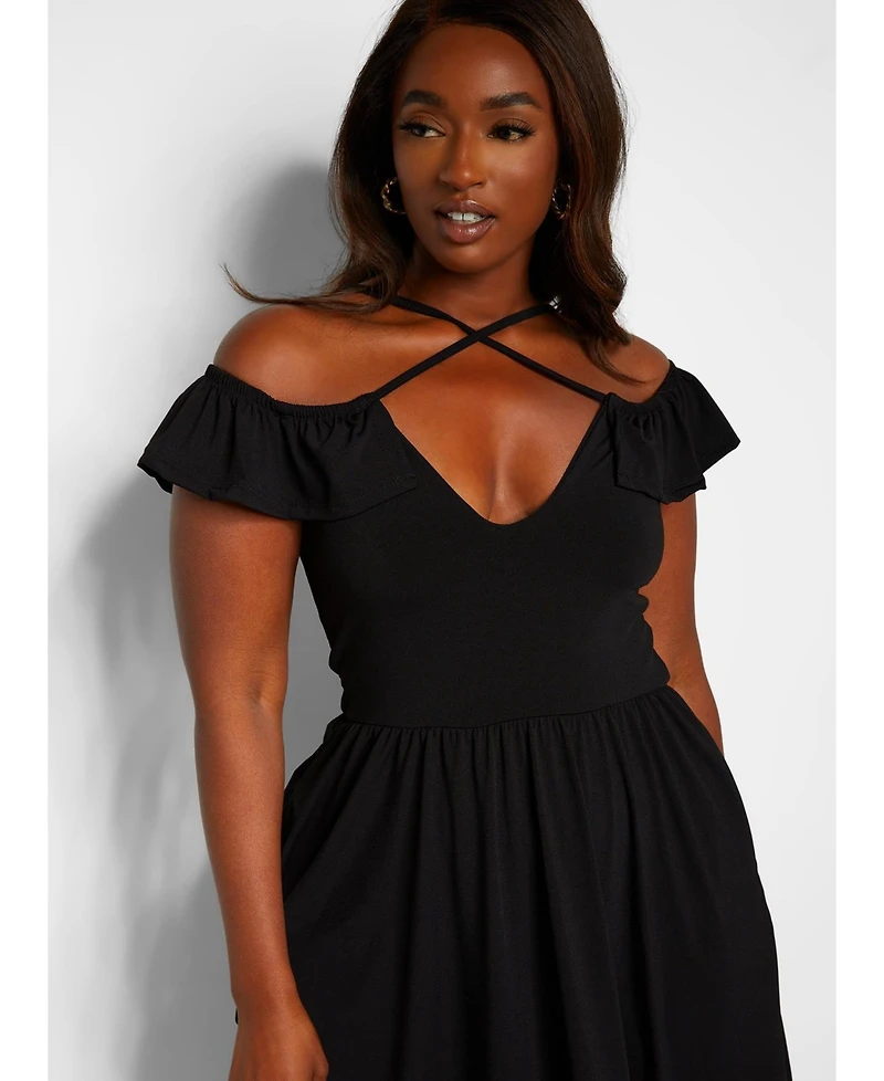 Rebdolls Plus Ruffle Sleeve Maxi A Line Dress W. Pockets - Black